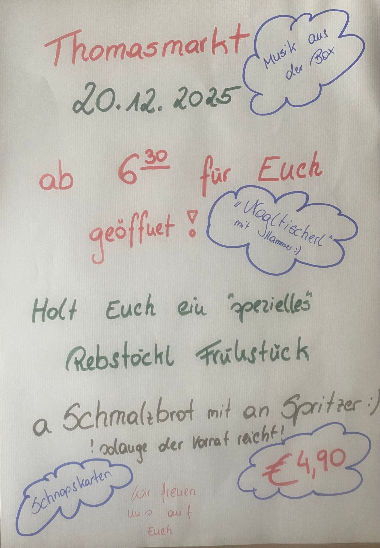 Eine handgeschriebene Notiz auf einem weißen Hintergrund mit dem Datum 20. Dezember 2025 bietet ein spezielles Frühstück für 6 Personen an. Es wird ein Schmalzbrot mit einem Sprühgerät erwähnt und kostet 4,90.