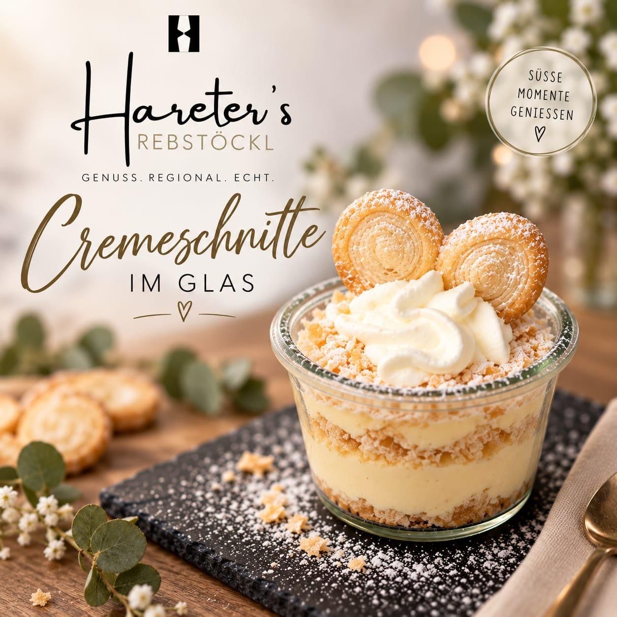 Ein Glasdessert mit Sahne und Keksen, gekrönt von Schlagsahne und Puderzucker.