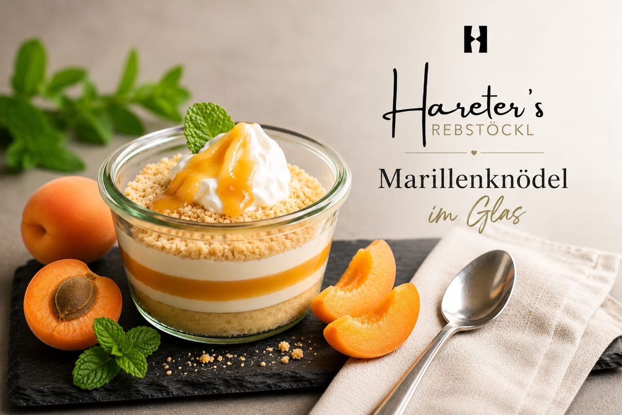 A glass bowl filled with a layered dessert topped with cream, caramel, and mint leaves. Slices of apricots and a spoon are on a napkin.