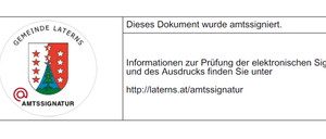 Das Bild zeigt ein Logo der 'Gemeinde Laterns' mit einem Wappen, einem '@'-Symbol und dem Wort 'AMTSIGNATUR'. Der Text besagt, dass das Dokument amtlich signiert wurde und bietet einen Link für weitere Informationen.