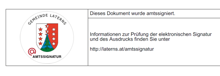 Das Bild zeigt ein Logo der 'Gemeinde Laterns' mit einem Wappen, einem '@'-Symbol und dem Wort 'AMTSIGNATUR'. Der Text besagt, dass das Dokument amtlich signiert wurde und bietet einen Link für weitere Informationen.