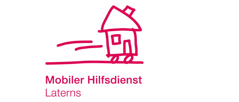 Ein stilisiertes Haus mit Rauch, der aus dem Schornstein kommt, ist auf einem weißen Hintergrund gezeichnet. Darunter stehen die Worte 'Mobiler Hilfsdienst Laterns'.