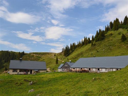 Eine ländliche Szene mit zwei Häusern, einem größeren, umgeben von einem üppigen grünen Feld und Kiefern unter einem bewölkten Himmel.