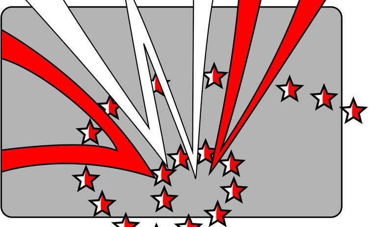 Eine Explosion mit Sternen, die von einem zentralen Punkt auf einem grauen Hintergrund nach außen platzen.