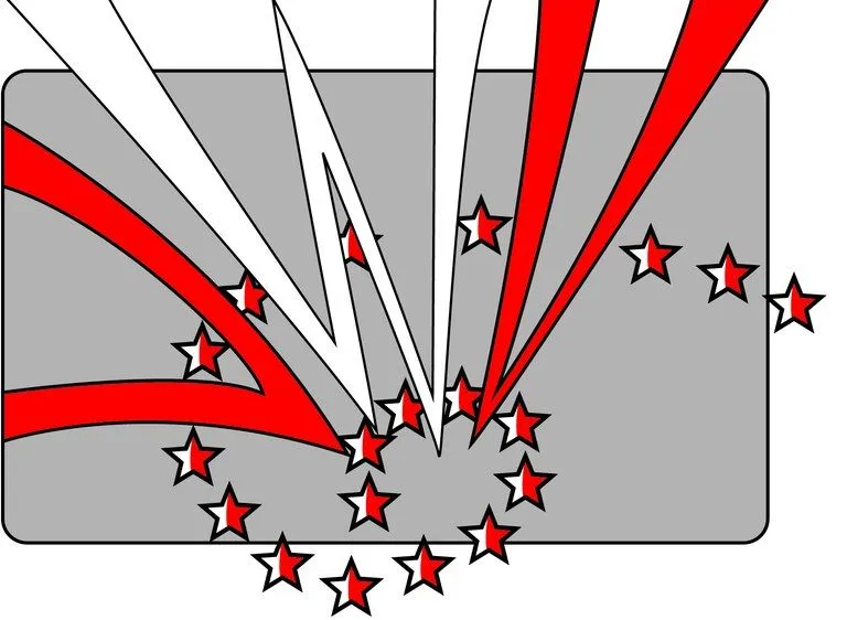 Eine Explosion mit Sternen, die von einem zentralen Punkt auf einem grauen Hintergrund nach außen platzen.