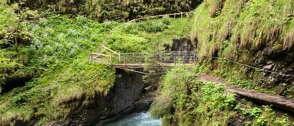 Eine Brücke überquert einen schmalen Fluss, der durch einen felsigen Canyon fließt, umgeben von üppiger grüner Vegetation.