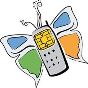 Eine Illustration einer Schmetterlingsfigur mit integriertem Handy, bunte Flügel und eine hervorgehobene gelbe SIM-Karte.