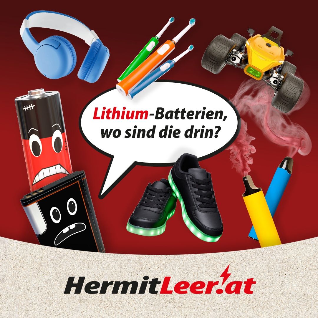 Werbung für HermitLeer.at zeigt verschiedene Artikel wie Kopfhörer, Schuhe, Spielzeugautos und eine Batterie mit einer Frage zu Lithiumbatterien.