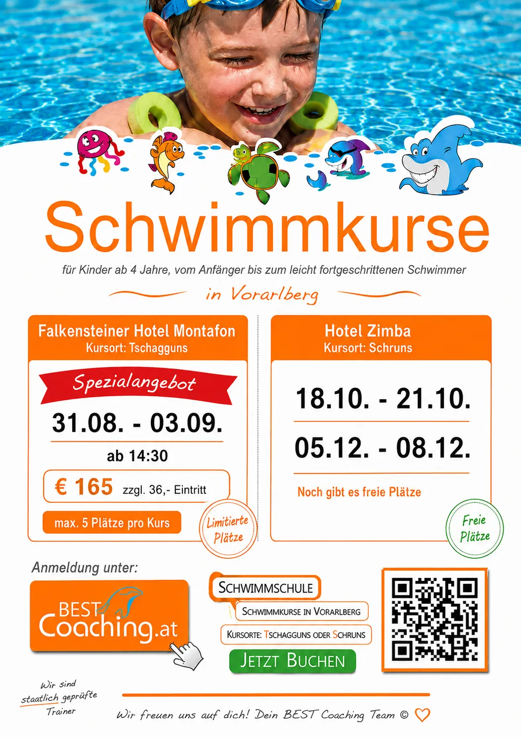 Eine Werbung für Schwimmkurse für Kinder ab 4 Jahren in Vorarlberg, Österreich. Es werden zwei Hotels, Falkensteiner Hotel Montafon und Hotel Zimba, mit Terminen und Preisen für die Kurse vorgestellt. Ein QR-Code ist für die Anmeldung verfügbar.