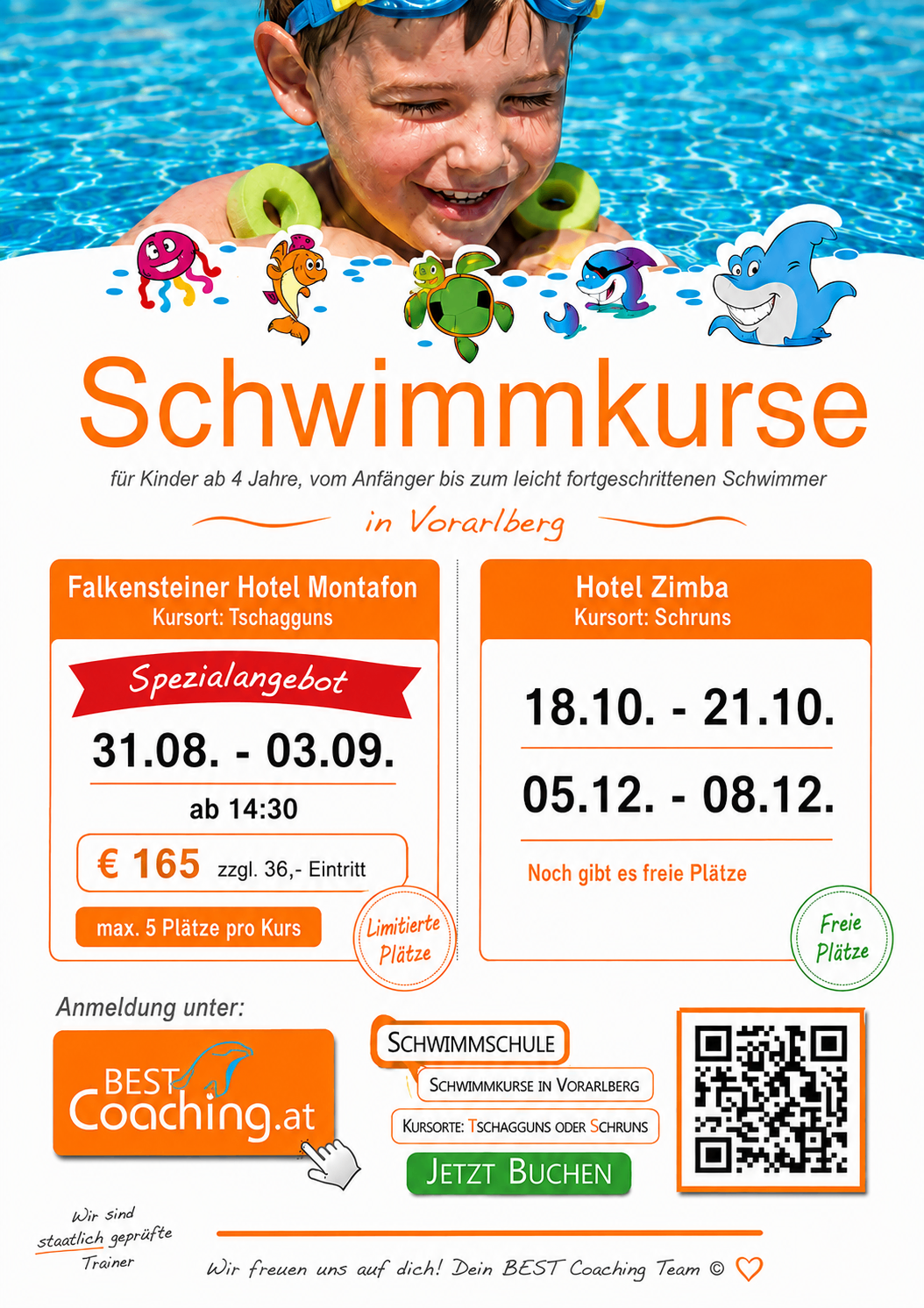 Eine Werbung für Schwimmkurse für Kinder ab 4 Jahren in Vorarlberg, Österreich. Es werden zwei Hotels, Falkensteiner Hotel Montafon und Hotel Zimba, mit Terminen und Preisen für die Kurse vorgestellt. Ein QR-Code ist für die Anmeldung verfügbar.