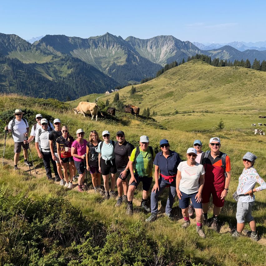 Eine Gruppe von Wanderern steht auf einem grasbewachsenen Berghang mit Blick auf die Alpen. Einige tragen Hüte und Sonnenbrillen, und im Hintergrund grasen Kühe.