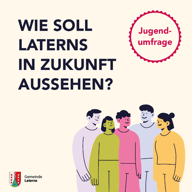 Eine Illustration von fünf Personen in Pastellfarben, mit einem roten Kreis, der den Text Jugend-umfrage enthält. Darunter steht der Text Wie soll Laterns in Zukunft aussehen? und ein Logo.