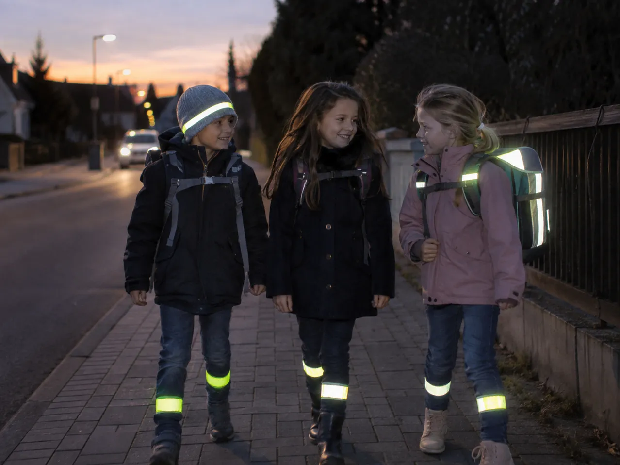 Drei Kinder gehen bei Dämmerung auf einem Bürgersteig. Der Junge links trägt eine reflektierende Mütze und Jacke, während die beiden Mädchen reflektierende Rucksäcke tragen.