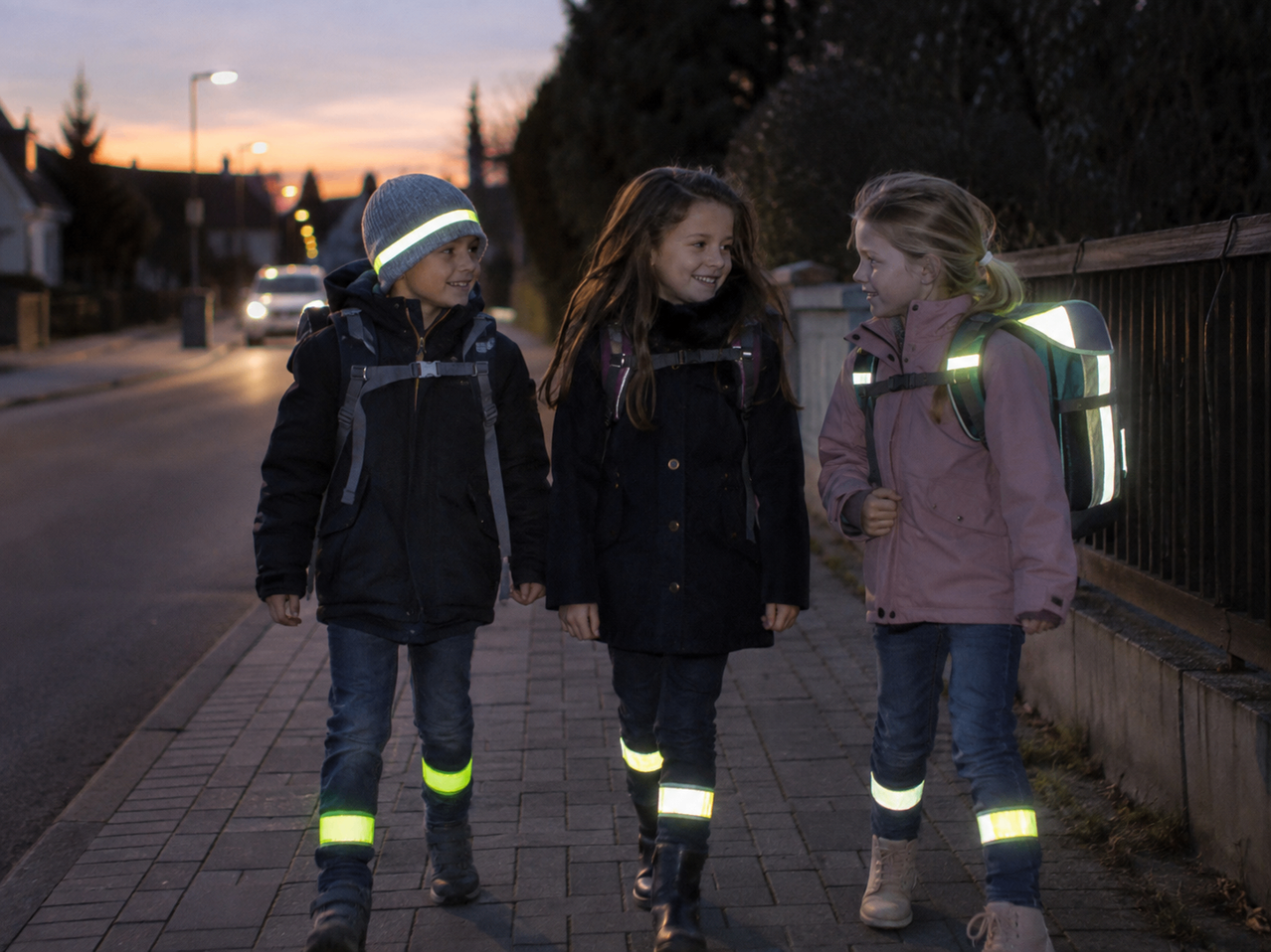 Drei Kinder gehen bei Dämmerung auf einem Bürgersteig. Der Junge links trägt eine reflektierende Mütze und Jacke, während die beiden Mädchen reflektierende Rucksäcke tragen.