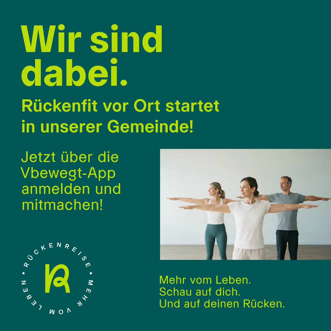 Eine Werbung für Rückenfit vor Ort, mit drei Personen, die Yoga-Posen machen.