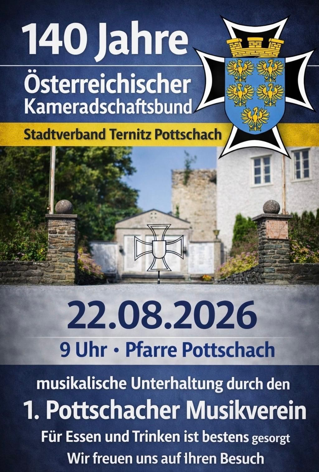 Poster for an event on August 22, 2026, at 9 PM at the Pottschach Church, featuring a German cross symbol and a coat of arms.
