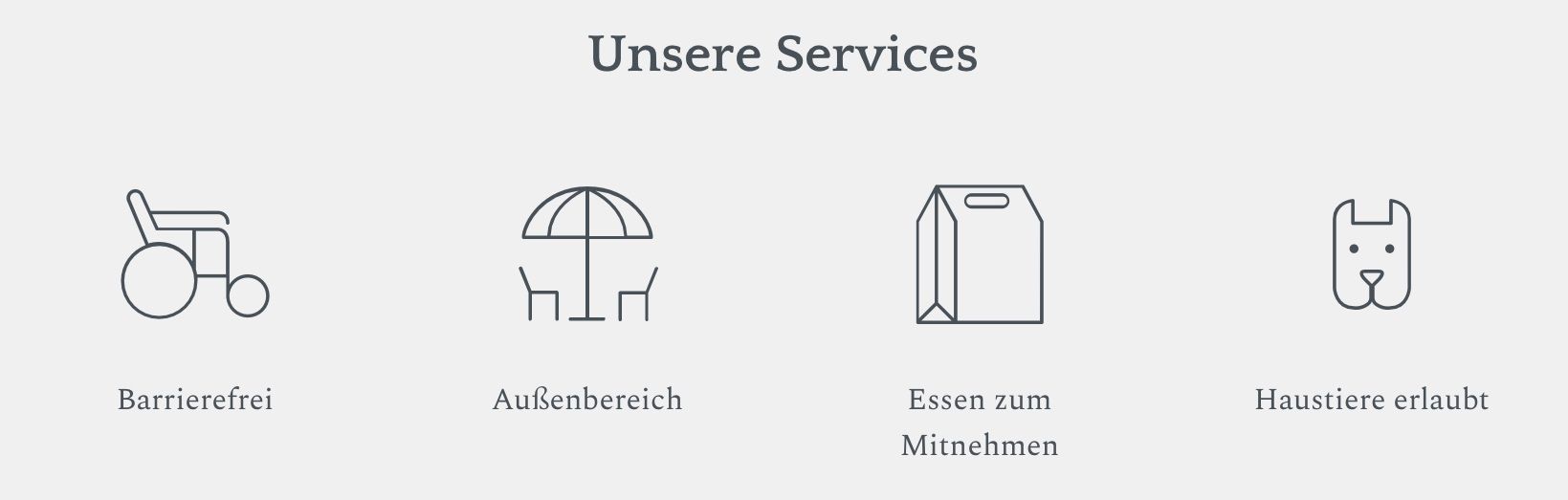 Ein Bild zeigt zwei Dienste. Die linke Seite hat ein Symbol eines Außenschirms mit zwei Stühlen, beschriftet mit 'Außenbereich'. Die rechte Seite zeigt ein Taschensymbol, beschriftet mit 'Essen zum Mitnehmen'.