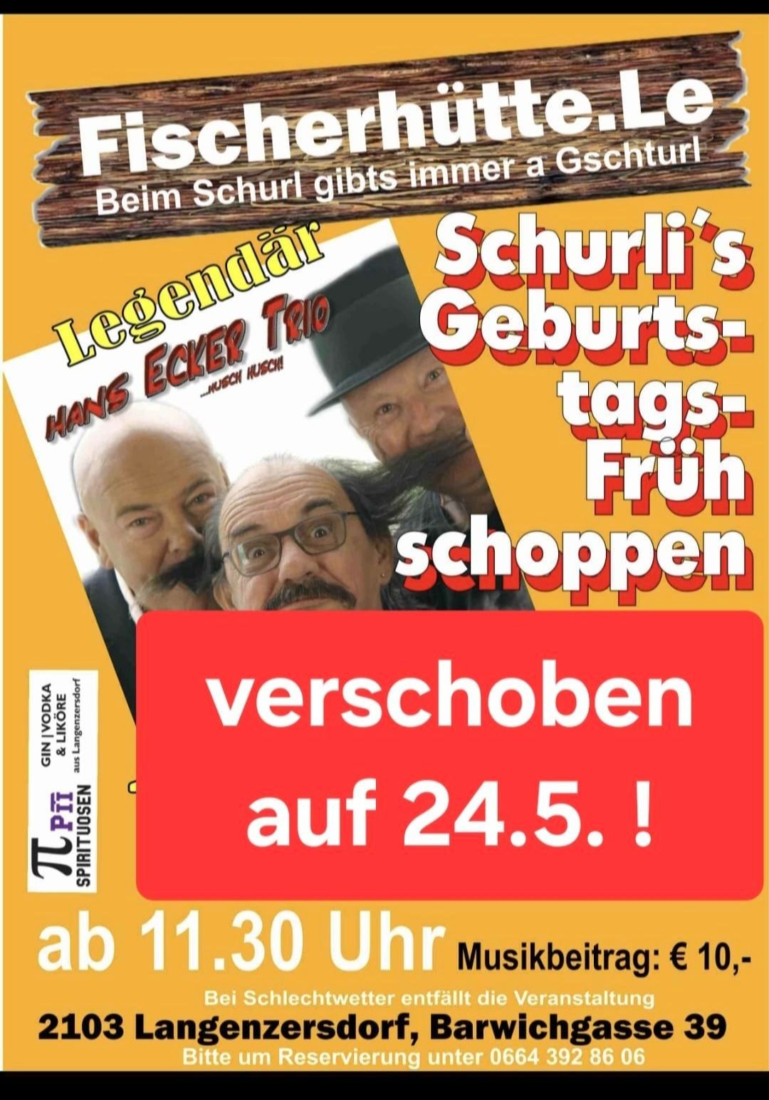 Werbeplakat für den Schuerli's Geburtstagsbrunch mit Hans Ecker Trio. Geplant für den 24.5, Beginn um 11:30 Uhr. Veranstaltung verschoben.