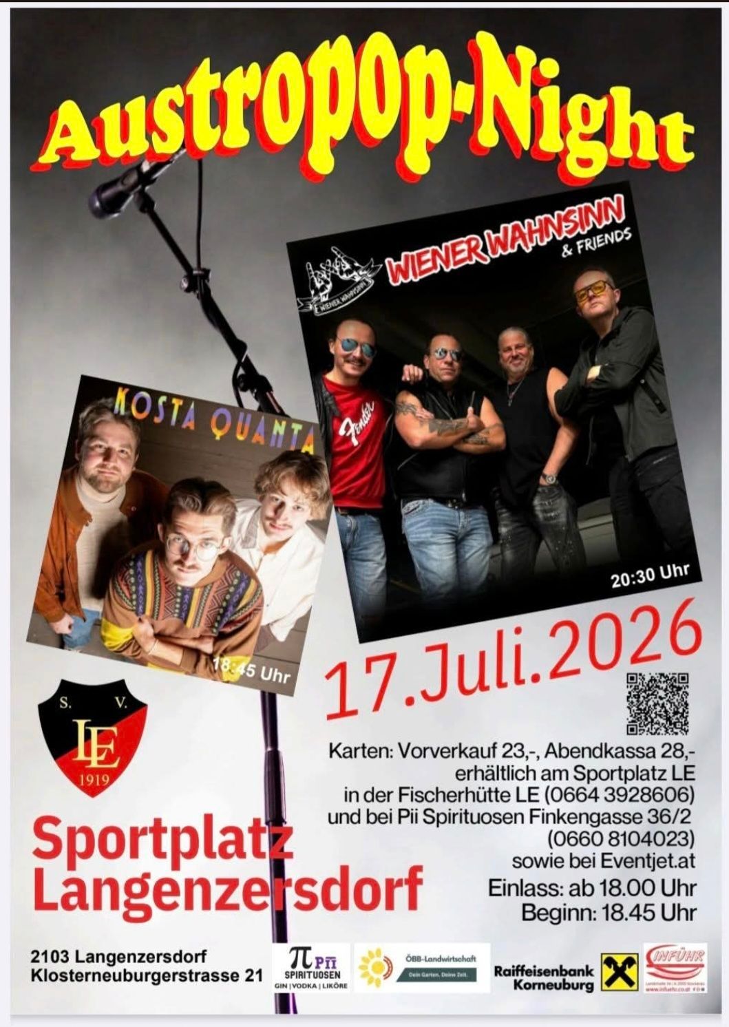 Poster for a music event featuring bands Wiener Wahnsinn and Kosta Quanta on July 17, 2026. The poster includes images of the bands, a microphone, and details about ticket sales.