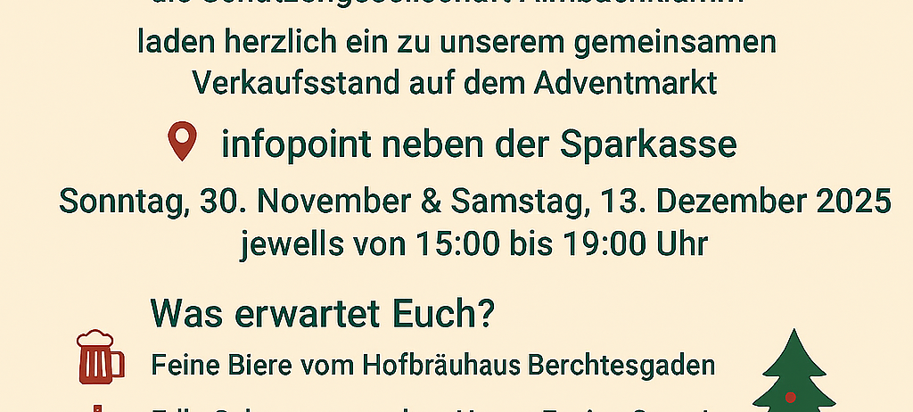 Markt Schellenberg-Poster kündigt eine Marktveranstaltung mit zwei Organisationen an, die feines Bier, Schnaps und wärmende Gespräche bietet. Sie findet am 30. November und 13. Dezember 2025 von 15:00 bis 19:00 Uhr an einem Standort neben der Bank statt.