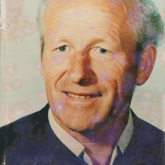 Ein älterer Mann mit grauem Haar und einem Lächeln, in einem blauen Anzug und weißem Hemd. Der Hintergrund ist leicht verschwommen mit rosa Flecken.