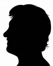 Eine schwarz-weiße Silhouette des Kopfes einer Person von der Seite gesehen, die ein Profil mit kurzem Haar und leicht geneigtem Kopf zeigt.