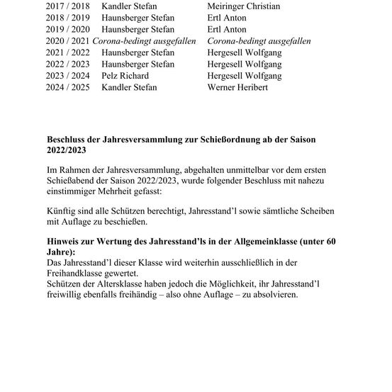 Das Bild zeigt eine Tabelle mit Namen und Jahren. Die Tabelle ist mit 'Beschluss der Jahresversammlung zur Schieordnung' betitelt. Die Tabelle listet Namen, Jahre und Rollen auf. Die Tabelle ist in zwei Spalten unterteilt. Der Text ist in Deutsch.
