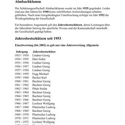Die Schützengesellschaft Almbackklamm wurde im Jahr 1929 gegründet. Leider sind aus den Jahren bis 1940 keine schriftlichen Aufzeichnungen erhalten geblieben. Nach einer kriegsbedingten Unterbrechung erfolgte im Jahr 1952 die Wiedergründung der Gesellschaft. Ein besonderes Augenmerk gilt den Jahresschützen, deren Leistungen über die Jahrzehnte hinweg das sportliche Niveau und die Kameradschaft innerhalb der Gesellschaft geprägt haben.