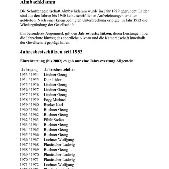 Die Schützengesellschaft Almbackklamm wurde im Jahr 1929 gegründet. Leider sind aus den Jahren bis 1940 keine schriftlichen Aufzeichnungen erhalten geblieben. Nach einer kriegsbedingten Unterbrechung erfolgte im Jahr 1952 die Wiedergründung der Gesellschaft. Ein besonderes Augenmerk gilt den Jahresschützen, deren Leistungen über die Jahrzehnte hinweg das sportliche Niveau und die Kameradschaft innerhalb der Gesellschaft geprägt haben.