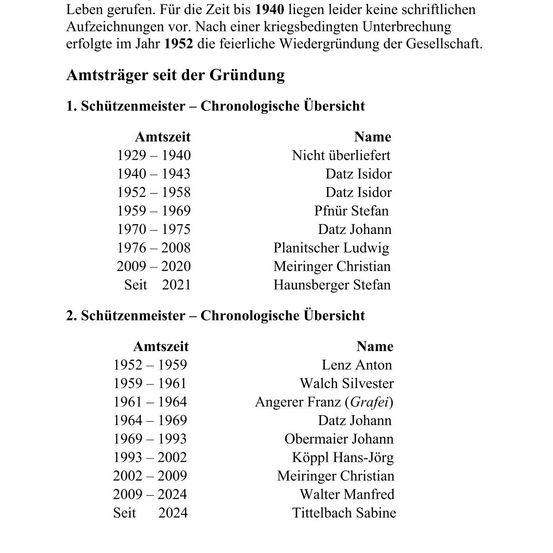 Das Dokument listet die Amtszeiten von zwei Schützenmeistern auf und detailliert ihre Namen und Dienstjahre. Der erste Schützenmeister, Isidor Datz, diente von 1940 bis 1943 und erneut von 1952 bis 1958. Andere bemerkenswerte Schützenmeister sind Stefan Pfnur, Johann Datz, Ludwig Planitscher, Christian Meiringer und Stefan Hausnsperger.