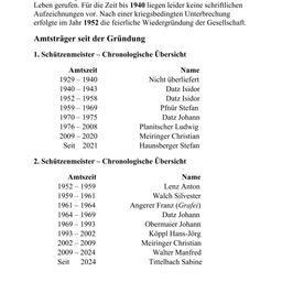 Das Dokument listet die Amtszeiten von zwei Schützenmeistern auf und detailliert ihre Namen und Dienstjahre. Der erste Schützenmeister, Isidor Datz, diente von 1940 bis 1943 und erneut von 1952 bis 1958. Andere bemerkenswerte Schützenmeister sind Stefan Pfnur, Johann Datz, Ludwig Planitscher, Christian Meiringer und Stefan Hausnsperger.
