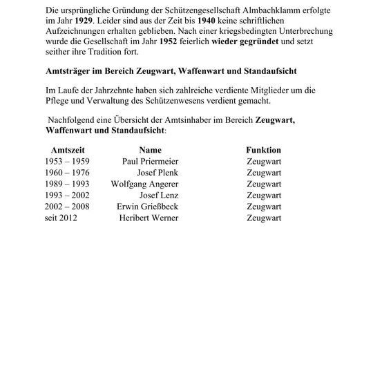 Die ursprüngliche Gründung der Schutzgenossenschaft Almbachklamm erfolgte im Jahr 1929. Leider sind aus dieser Zeit bis 1940 keine schriftlichen Aufzeichnungen erhalten geblieben. Nach einer kriegsbedingten Unterbrechung wurde die Gesellschaft im Jahr 1952 erfolgreich wieder gegründet und setzt seither ihre Tradition fort.