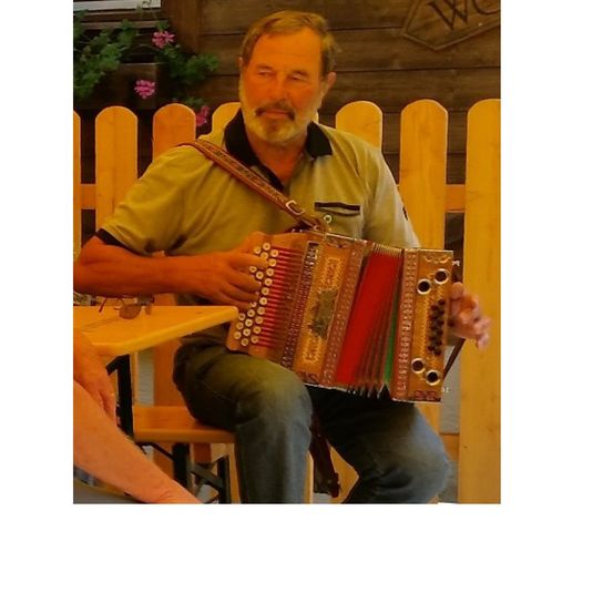 Ein Mann in einem grünen Polohemd spielt Akkordeon. Er sitzt auf einem Stuhl vor einem Holzzaun mit Pflanzen.