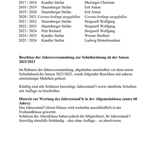 Das Bild enthält eine Tabelle mit Jahren und Namen, gefolgt von einem Beschluss der Jahresversammlung über Skibindungen für die Saison 2022/2023. Es beschreibt, dass alle Ski-Wächter berechtigt sind, den Jahrespass und alle Skier mit Bindungen zu verwenden. Es enthält auch einen Hinweis zum Wert des Jahrespasses in der allgemeinen Klasse.
