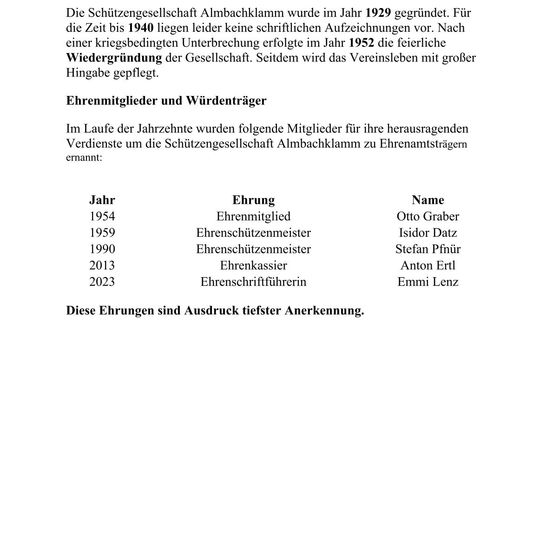 Die Schutzengesellschaft Almbäckklamm wurde im Jahr 1929 gegründet. Bis 1940 gibt es leider keine schriftlichen Aufzeichnungen. Nach einer kriegsbedingten Unterbrechung erfolgte 1952 die feierliche Wiedergründung der Gesellschaft. Seitdem wird das Vereinsleben mit größerem Umfang betrieben. Geehrte Mitglieder für ihre Verdienste sind Otto Graber, Isidor Datz, Stefan Pfnür, Anton Ertl und Emmi Lenz.