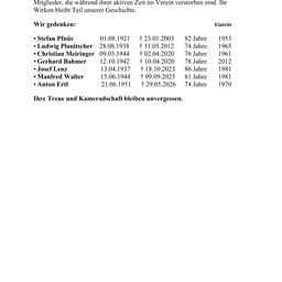 Eine Tabelle listet Mitglieder auf, die während ihrer aktiven Jahre im Verein verstarben. Ihr Wirken bleibt Teil unserer Geschichte. Ihre Treue und Kameradschaft bleiben unvergessen.