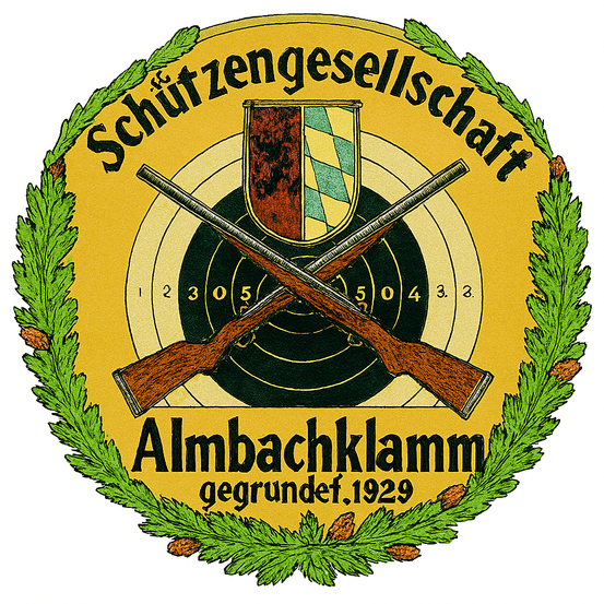 Das Logo der Schutzengesellschaft Almbachklamm, gegrundet 1929, zeigt zwei gekreuzte Gewehre uber einem Ziel mit Nummern und einem Wappenschild. Ein Kranz umgibt das Emblem.
