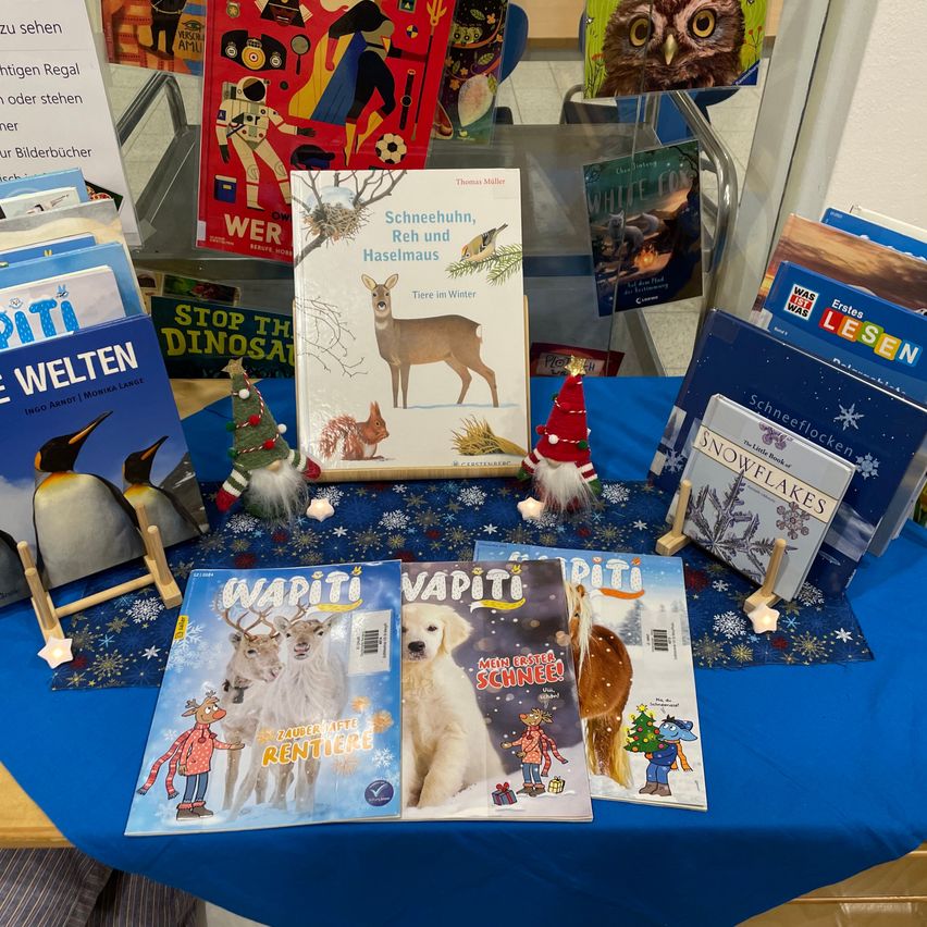 Eine Ausstellung von Kinderbüchern auf einem blauen Tisch, darunter 'Schneehuehn, Reh und Haselmaus' und 'Warum, Warum, Rentiere'. Andere Bücher und Spielzeuge sind ebenfalls auf dem Tisch.