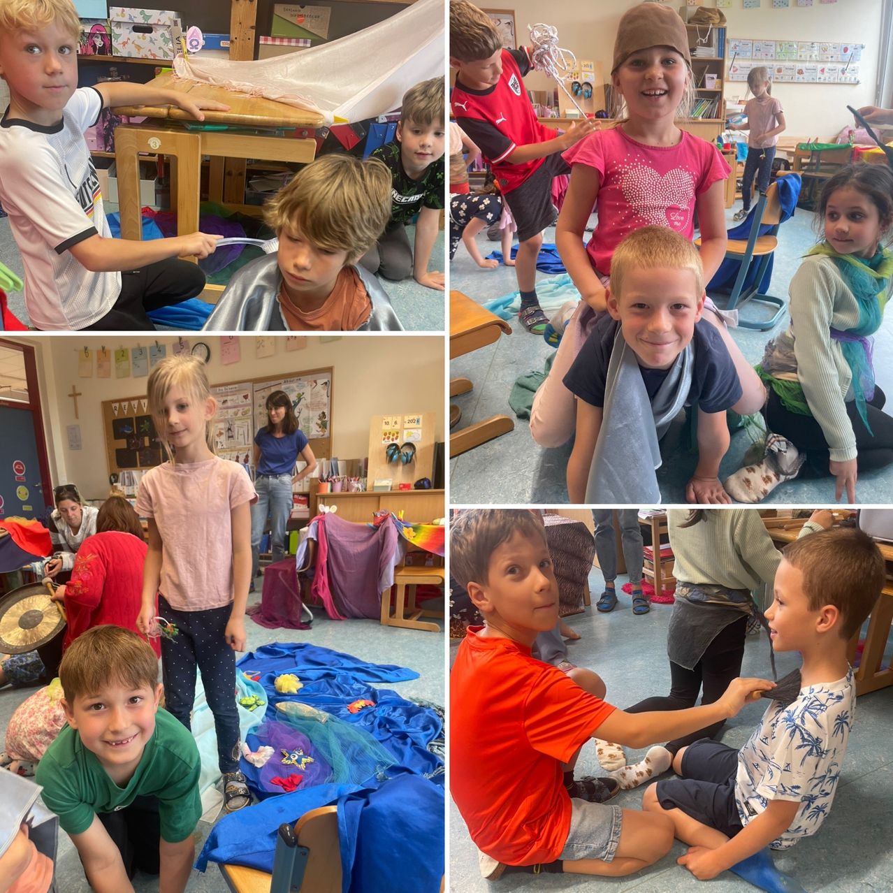 A collage of children in a classroom setting. Various activities are depicted including playing with materials, standing, sitting, and interacting with each other.