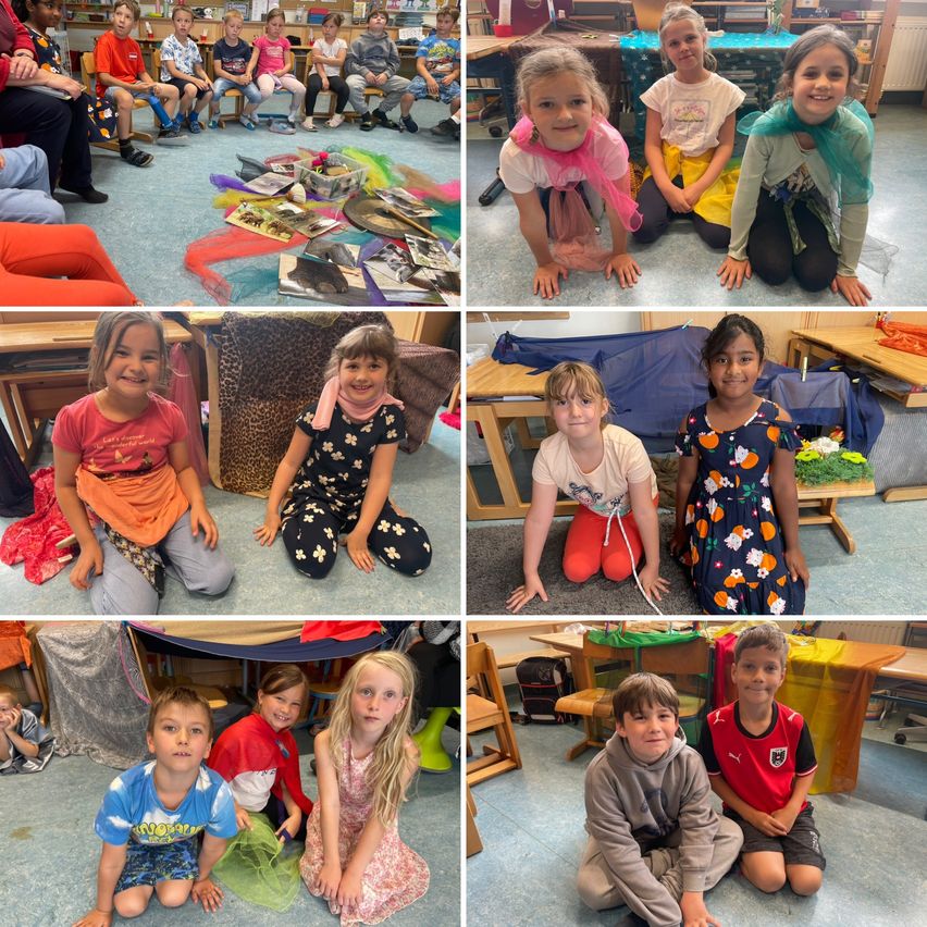A classroom with children sitting and standing, some with props and costumes. A table with various items. Another photo shows three girls posing, one with a scarf. Another shows two girls sitting on a chair, one with a book.