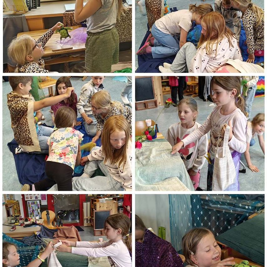 A collage of images shows children engaging in various activities. One child holds a turtle toy, others sit around a table with toys. One child is resting while another holds a blanket.