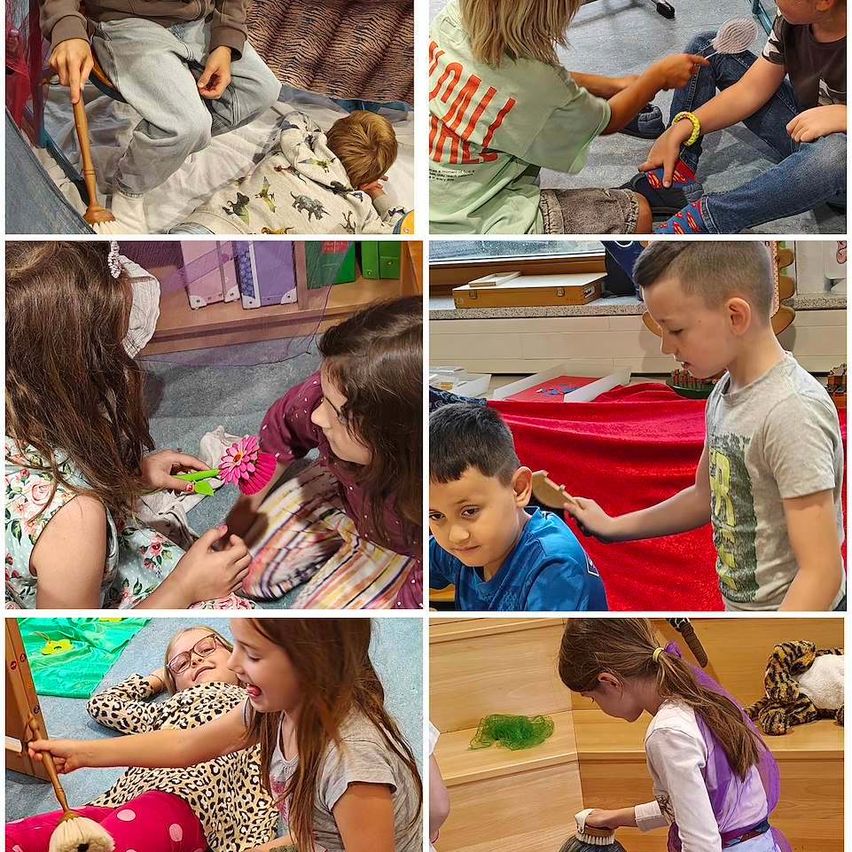 A collage of children in a classroom, playing and interacting with each other. Activities include using a stick, a flower, and a brush.