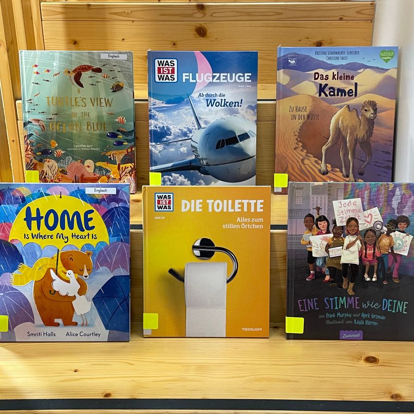 Ein Holzregal zeigt sechs Kinderbücher. Von links nach rechts sind die Titel 'Schildkrötensicht auf das blaue Meer', 'Was ist Was: Flugzeuge', 'Das kleine Kamel', 'Zuhause ist, wo mein Herz ist', 'Die Toilette' und 'Eine Stimme wie deine'. Jedes Buch hat ein eigenes Titelbild.