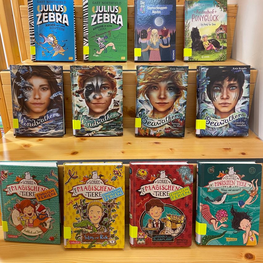 Ein hölzerne Regal zeigt eine Sammlung von Kinderbüchern, darunter Titel wie 'Julius Zebra', 'Seawalkers' und 'Ponyglück'. Die Bücher haben bunte Cover mit Illustrationen und Texten auf Deutsch.
