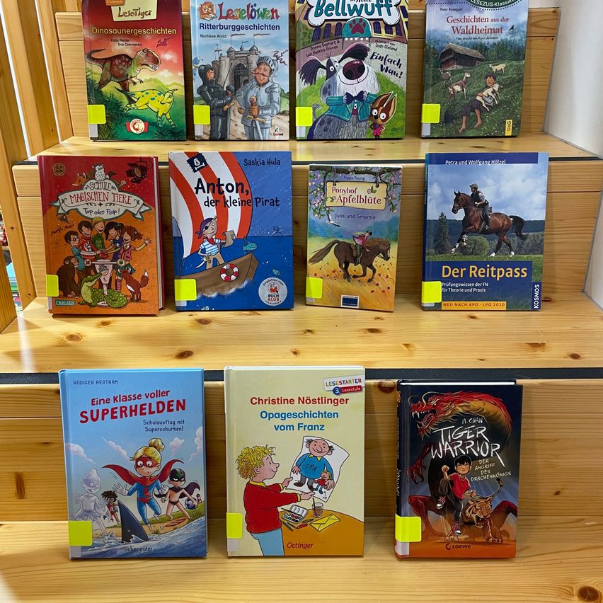 Ein Holzregal zeigt mehrere Kinderbücher, darunter 'Lesetiger', 'Bellwuff', 'Anton, der kleine Pirat', 'Ponyhof Apfelblüte' und 'Der Reitpass'. Jedes Buch hat einen gelben Aufkleber in der oberen linken Ecke.