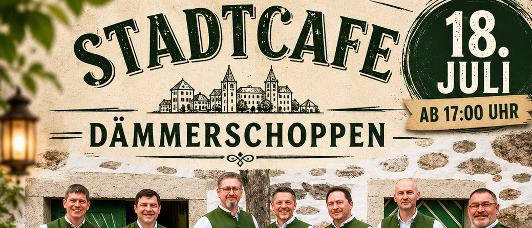 Ein Poster bewirbt Dämmerschopen mit Kernland Musikanten, die Live-Musik spielen. Es beinhaltet Burger, Pommes, Getränke und Live-Musik.