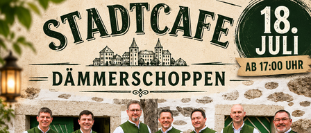 Ein Poster bewirbt Dämmerschopen mit Kernland Musikanten, die Live-Musik spielen. Es beinhaltet Burger, Pommes, Getränke und Live-Musik.