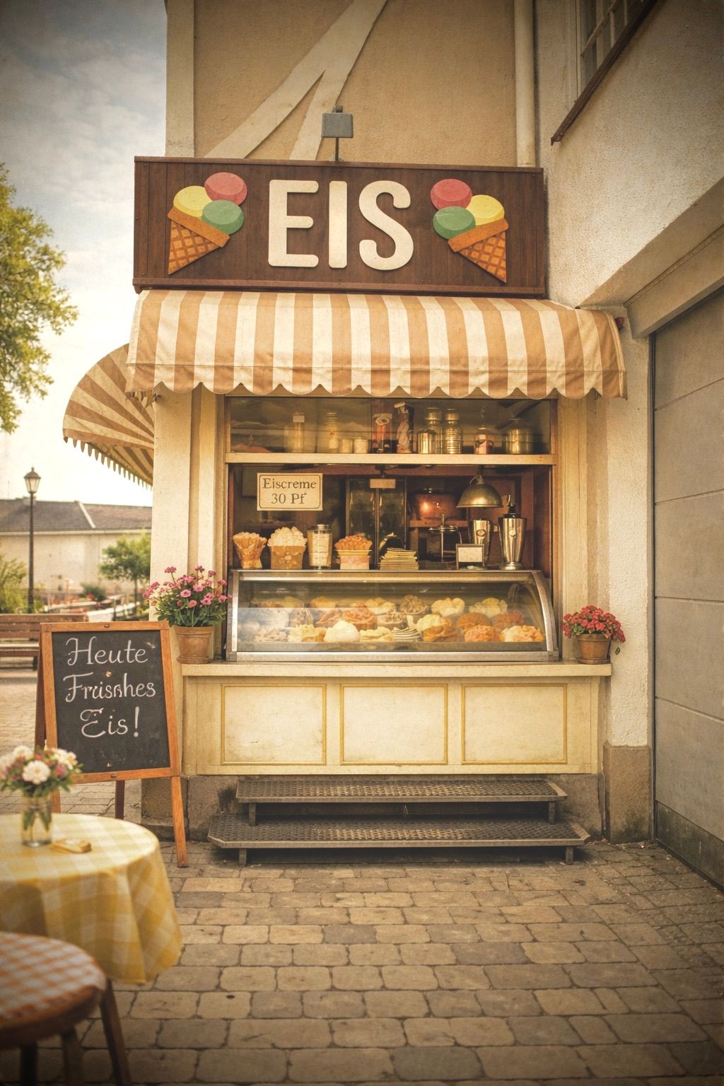 Ein Vintage-Eisladen mit gestreiftem Vordach bietet eine Auswahl an Eissorten, Gebäck und Blumen zur Schau.