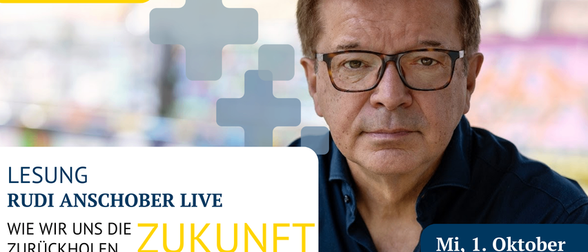 Poster mit dem Gesicht eines Mannes und dem Text 'SCHOBERL LIVE'. Unten befindet sich ein QR-Code und eine Registrierungsanfrage. Rechts sind Zeit und Veranstaltungsdetails angegeben.