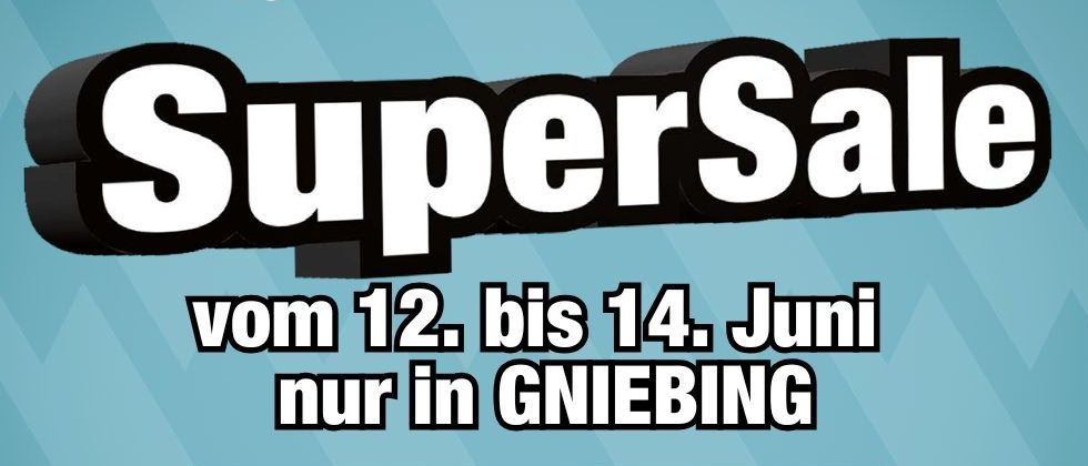 SuperSale-Plakat mit Miele-Ofen, blauem Hintergrund, Veranstaltung vom 12. bis 14. Juni, tägliche Miele-Dampfkochvorführung ab 9 Uhr.